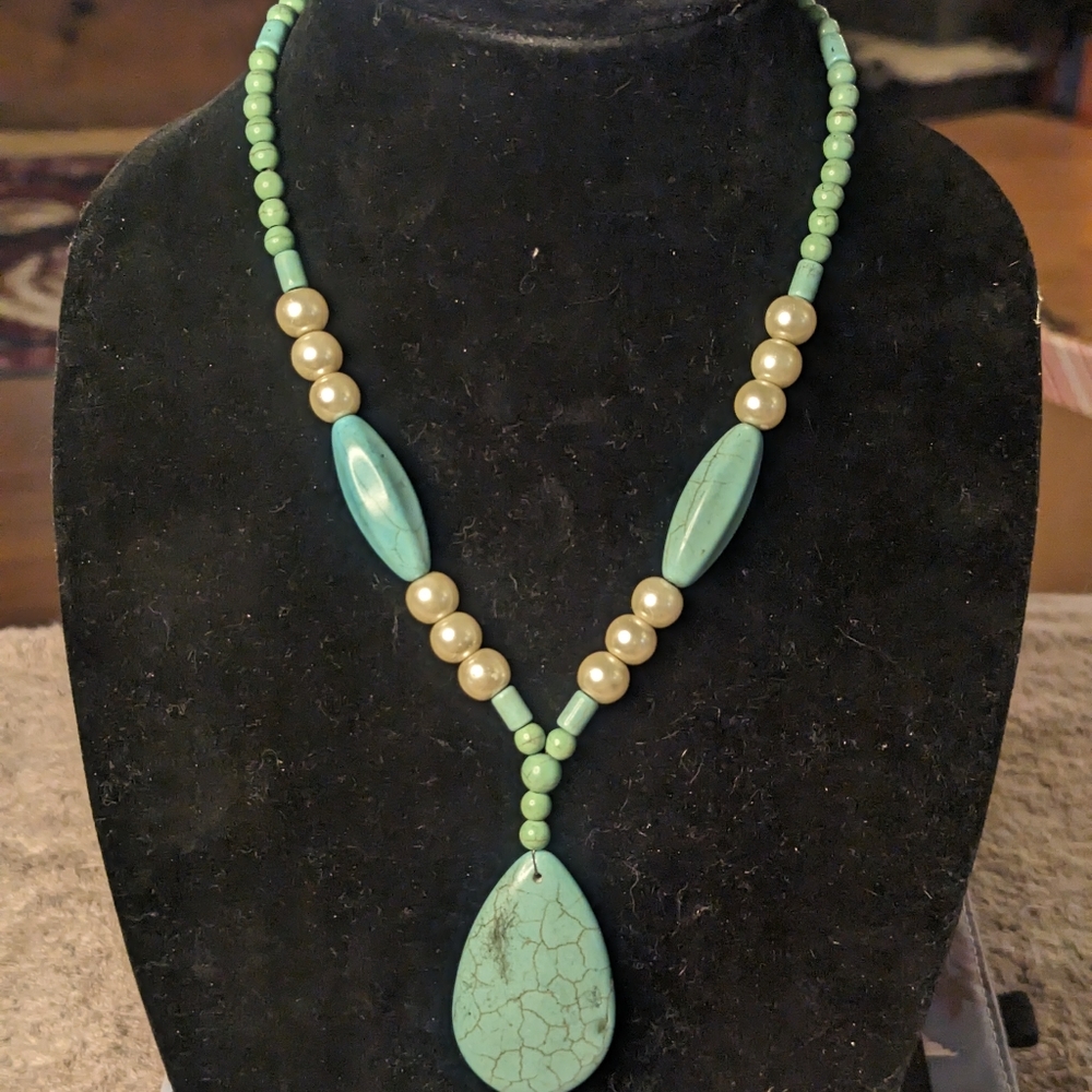 Turquoise & Faux Pearl Necklace
